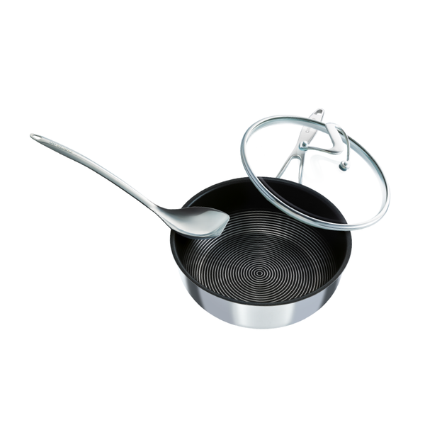Circulon SteelShield stainless steel nonstick chef's pan with lid & metal scraping spoon. Built for bold cooking.