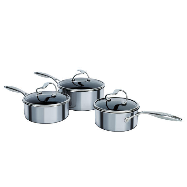 Circulon SteelShield stainless steel nonstick pan set. Three saucepans with stay cool handles. Metal utensil safe. Lifetime guarantee.